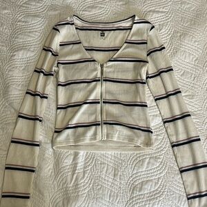 White (blue and pink) stripped PacSun long sleeve zip-up shirt